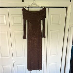 Meshki Marcel Elegant Brown Sparkly Off-Shoulder Dress